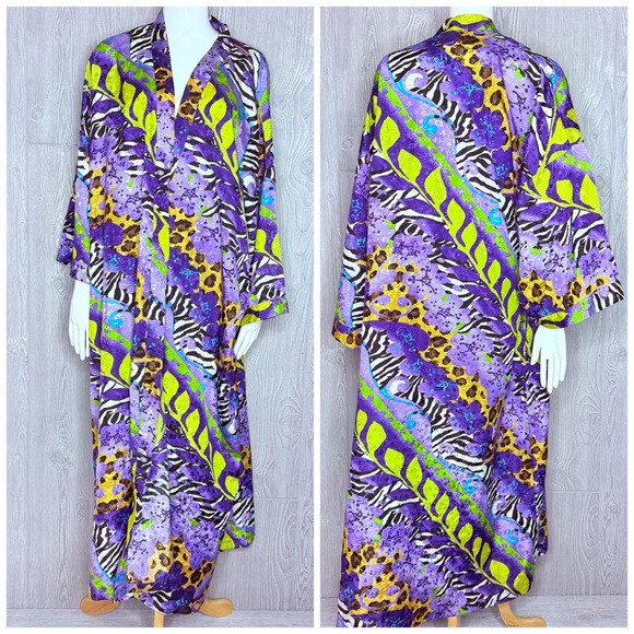 Vintage Dresses & Skirts - Vintage amber blue kaftan 2x tropical floral print beach cover maxi house dress